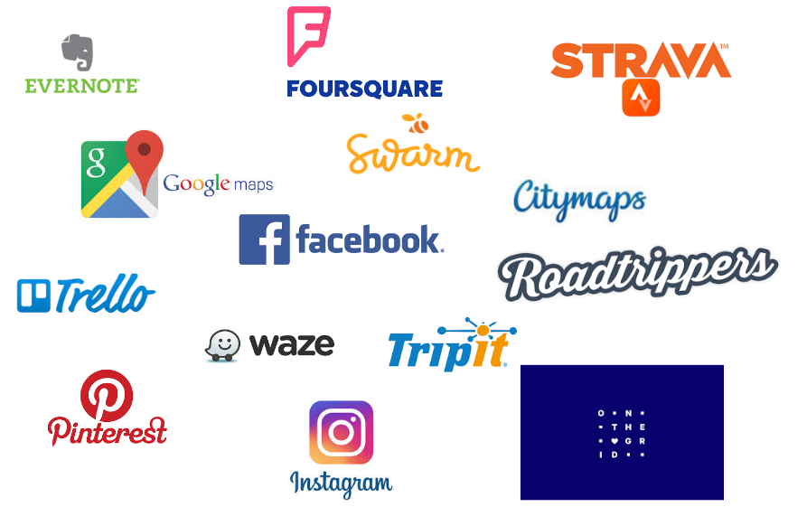 Researched tools: Evernote, Foursquare, Strava, Google maps, Swarm, Facebook, Citymaps, Trello, Roadtrippers, Waze, Pinterest, Tripit, Instagram, On the grid